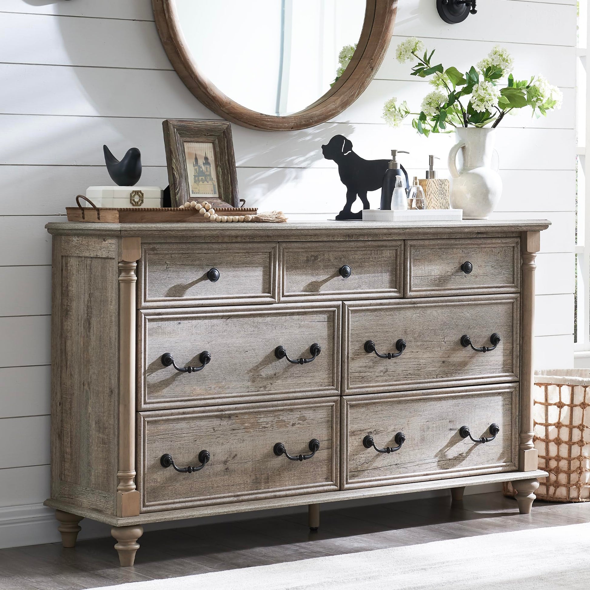 T4TREAM Farmhouse 7 Drawers Dresser Chests for Bedroom w/ 4 Solid Wood Feet & Column Decor, Tall Wide Wood Country Rustic Chest of Drawers, Storage Dressers for Bedroom, Living Room, Light Ru - WoodArtSupply