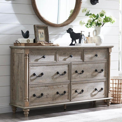 T4TREAM Farmhouse 7 Drawers Dresser Chests for Bedroom w/ 4 Solid Wood Feet & Column Decor, Tall Wide Wood Country Rustic Chest of Drawers, Storage Dressers for Bedroom, Living Room, Light Ru - WoodArtSupply