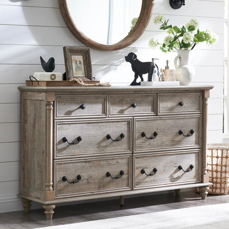T4TREAM Farmhouse 7 Drawers Dresser Chests for Bedroom w/ 4 Solid Wood Feet & Column Decor, Tall Wide Wood Country Rustic Chest of Drawers, Storage Dressers for Bedroom, Living Room, Light Rustic Oak T4TREAM