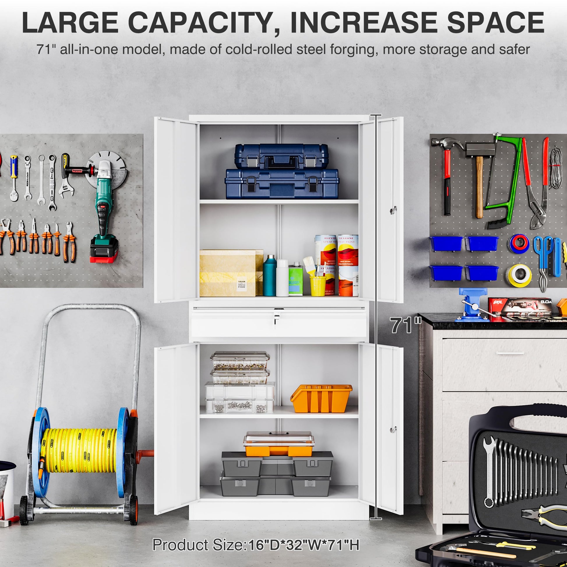 SISESOL Metal Garage Storage Cabinet with Doors and Shelves, 71" Multifunctional Garage Storage Closet Large Garage Locker with Adjustable Shelves & Locking Doors Steel Storage Tall Cabinet - WoodArtSupply