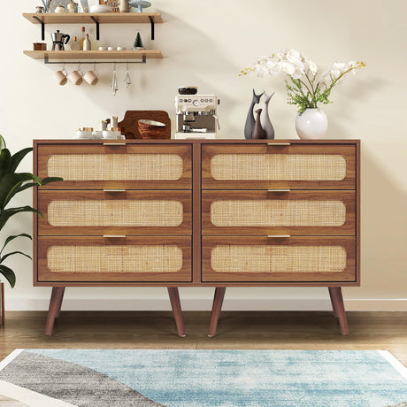 QHITTY Drawer Dresser Set of 2, Rattan Chest of Drawers with 3 Drawers Dresser, Accent Storage Cabinet Modern Bedside Table for Living Room, Bedroom, Entryway (Walnut) QHITTY
