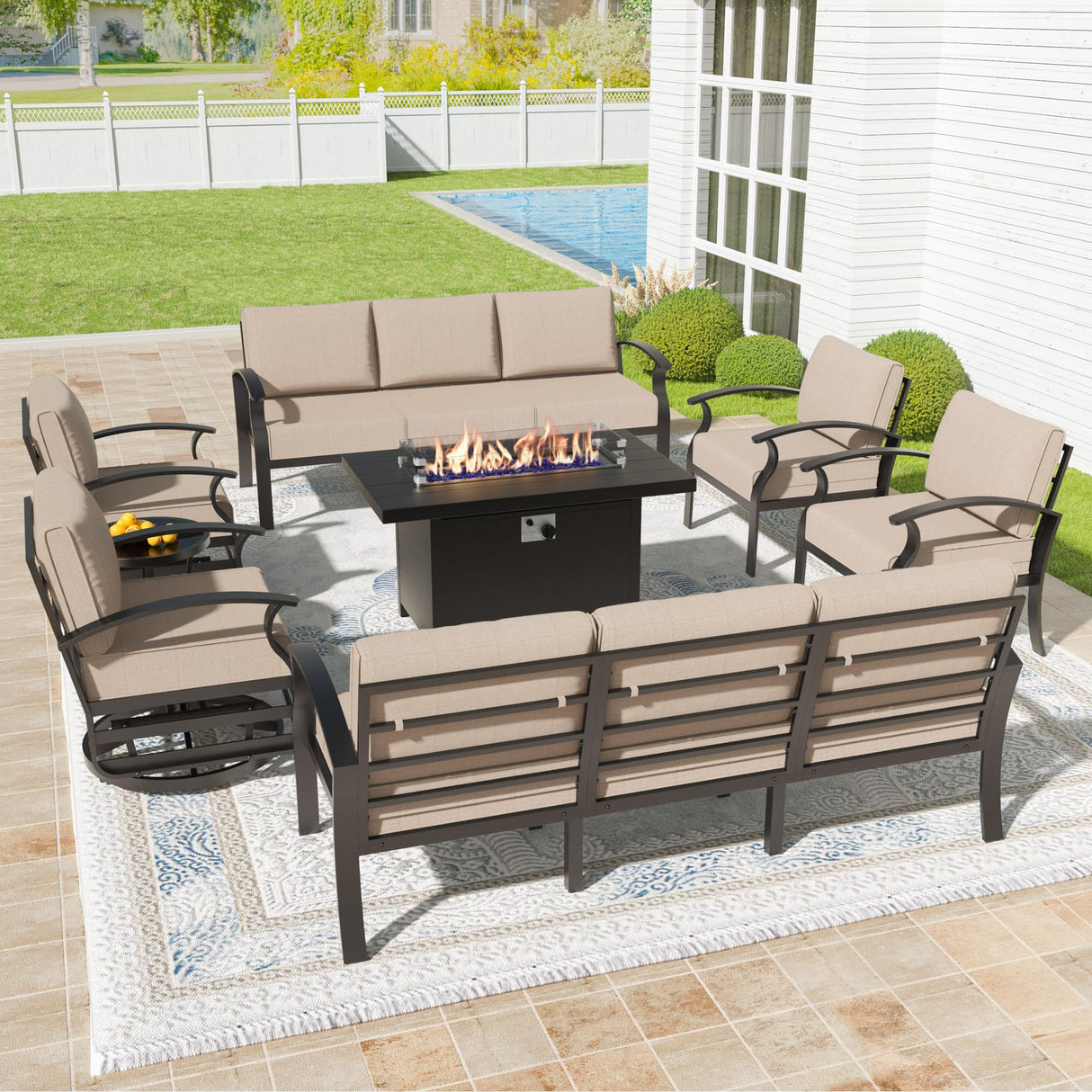Kullavik Aluminum Patio Furniture Set,8 Pieces 10 Seat Metal Outdoor Furniture Conversation Set w/45 Propane Gas Fire Pit&Swivels,Sand Kullavik