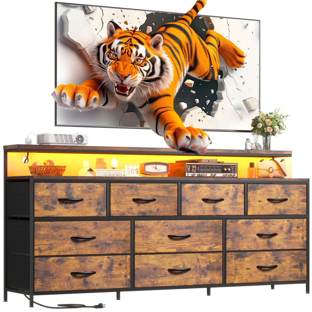 EnHomee 55" W Dresser for Bedroom with 10 Drawers Long Dresser with LED Lights & Power Outlets Wide Dressers & Chests of Drawers Large Dresser for Bedroom Dresser Metal Frame, Wood Top, Rustic Brown EnHomee