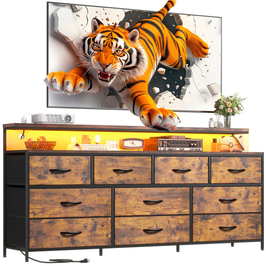 EnHomee 55" W Dresser for Bedroom with 10 Drawers Long Dresser with LED Lights & Power Outlets Wide Dressers & Chests of Drawers Large Dresser for Bedroom Dresser Metal Frame, Wood Top, Rustic Brown