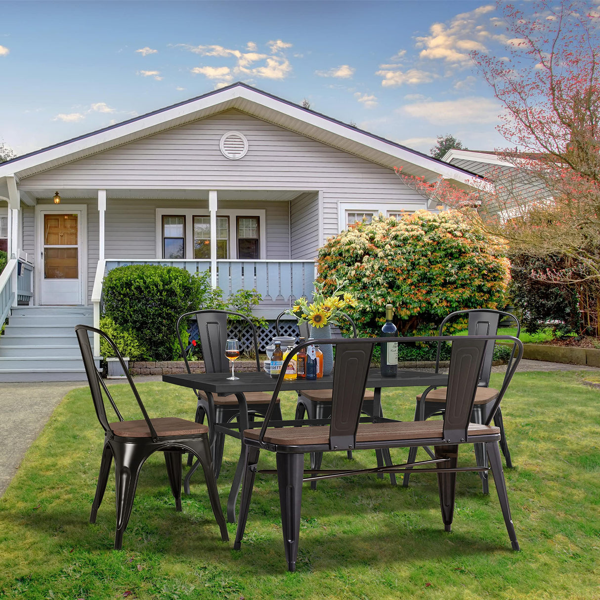 Yaheetech Industrial Metal Bench Mid-Century 3 Person Chair Dining Room Long Farmhouse Bench with Wood Seat,Removable Backrest,Black Yaheetech