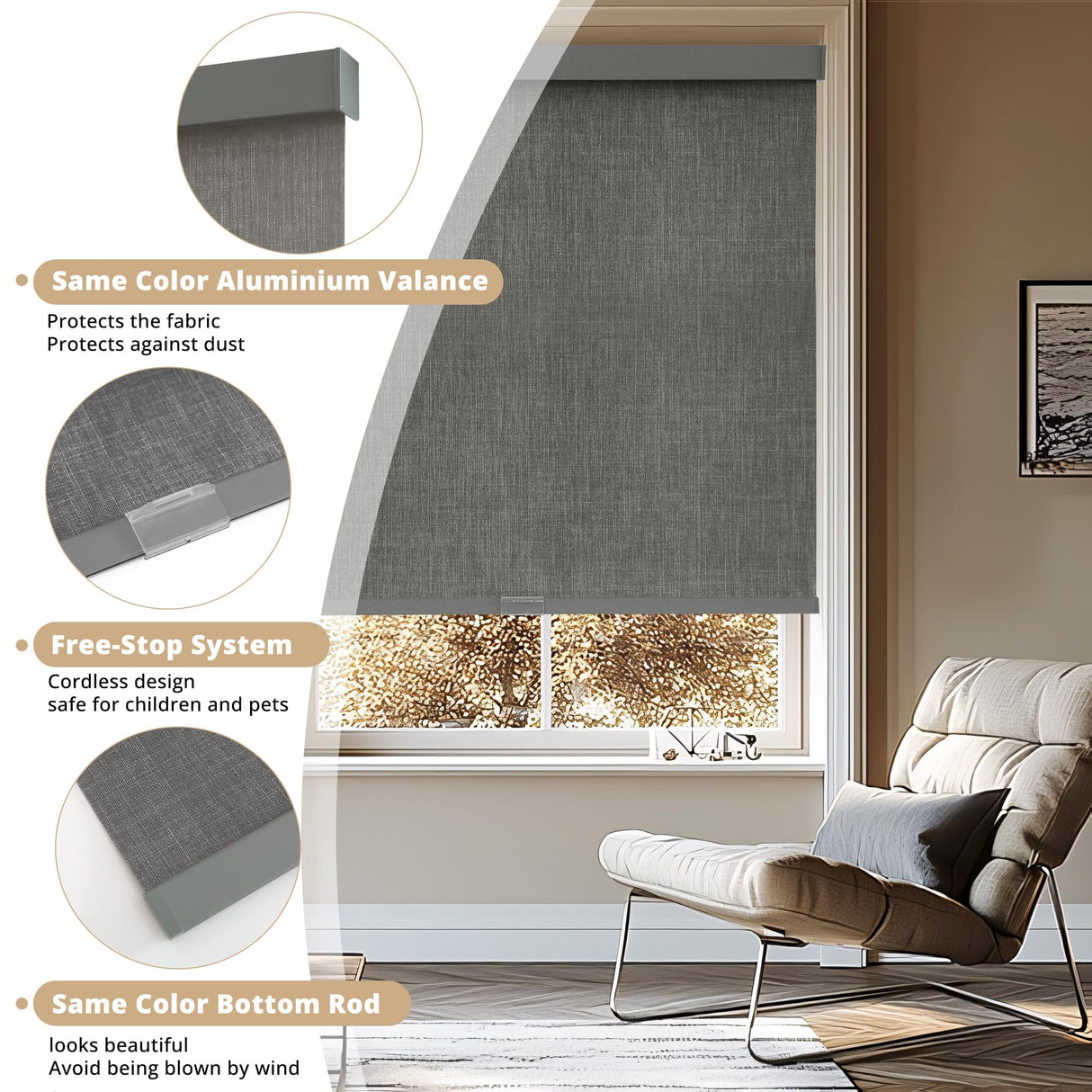 AOSKY Linen Roller Blinds Shades for Indoor Windows Pull Down Cordless Blackout Black Out Window Shade 20 Inch Blinds for Home Dark Grey AOSKY