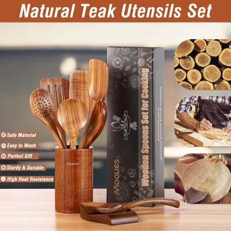 Mooues 9 Piece Natural Teak Wooden Kitchen Utensil Set with Spoon Rest - Comfort Grip Cooking Spoons and Utensils Holder Mooues