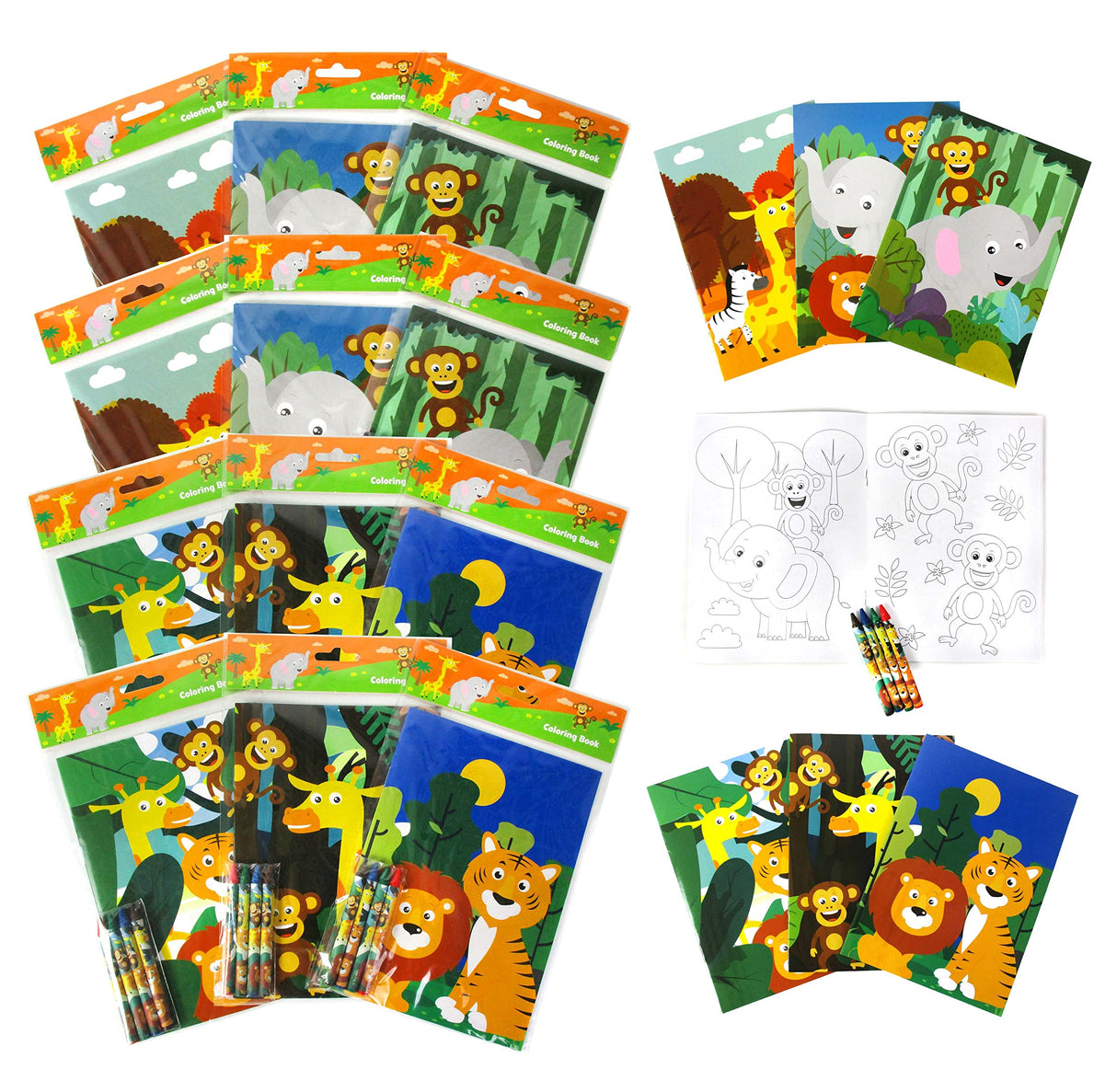 TINYMILLS Safari Zoo Animals Coloring Book for Kids with 12 Coloring Books and 48 Crayons Fun Jungle Book Animals Birthday Party Supplies Zoo Party Favor Bag Fillers TINYMILLS
