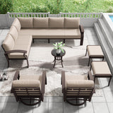 ASJMR 10-seat Aluminum Patio Furniture Set, L-Shaped Sectional Sofa with 5.1" Cushions, High Backrest & 2 Footstools, Durable Outdoor Patio Furniture Set, Backyard, Poolside - Sand ASJMR
