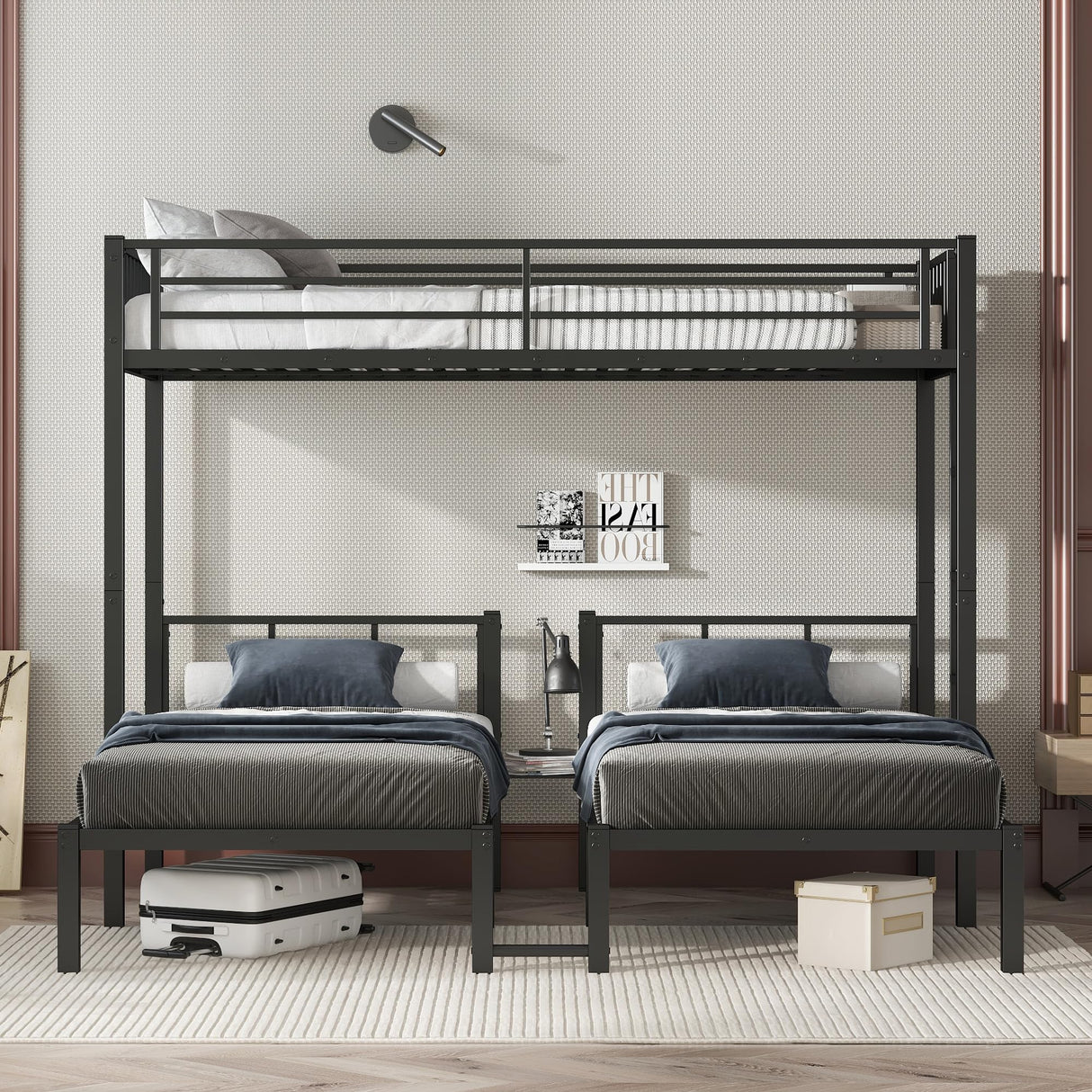 Twin Over Twin Over Twin Bunk Beds for 3 Kids,Metal Triple Bunk Bed with Built-in Desk,Twin XL Over Twin & Twin Bunk Bed,3 Bed Bunk Beds,Twin Size Triple Bed,Black Bellemave