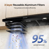 FIREGAS Black Under Cabinet Range Hood 36 Inch, Ducted/Ductless Convertible Kitchen Hood with 3 Speed Exhaust Fan, 300 CFM, LED Lights, Brushlesss DC Motor Vent Hood for Kitchen FIREGAS