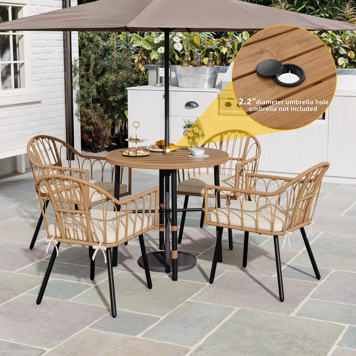 DWVO 5 Piece Patio Dining Sets, Outdoor Dining Furniture Set with 2" Umbrella Hole, Wicker Rattan Round Table and Chairs Set with Comfortable Cushions for Patio, Balcony, Backyard, Beige DWVO