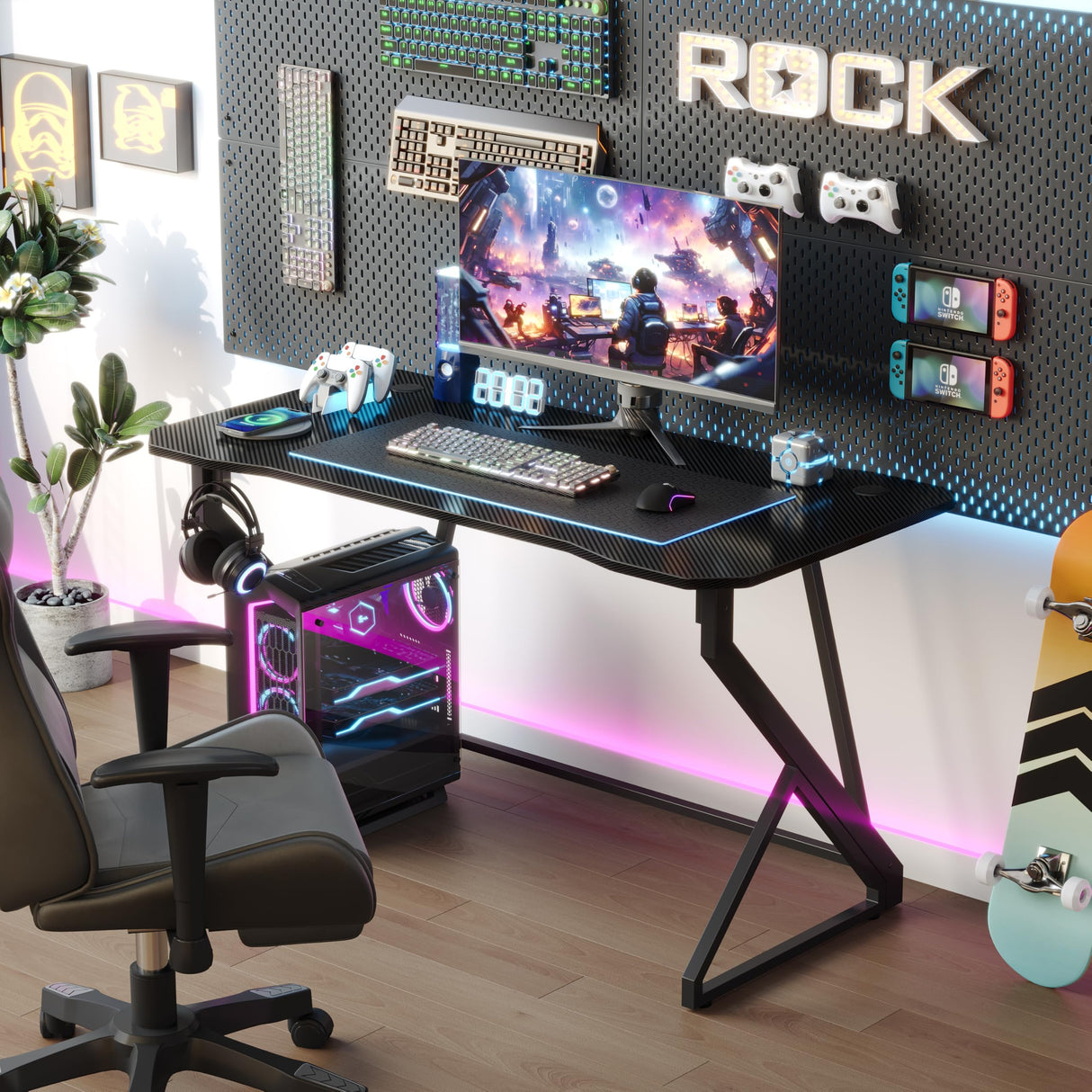 Grandder Gaming Desk Z Shaped 40 Inch Gamer Workstation, Home Computer Carbon Fiber Surface Gaming Desk PC Table with Headphone Hook, Carbon Fiber Black Grandder