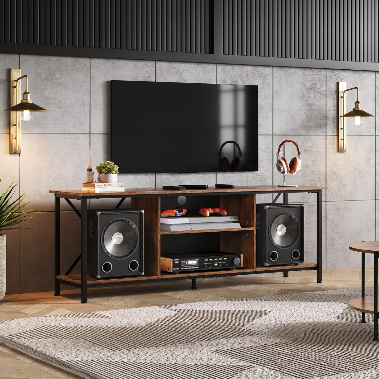 WLIVE TV Stand up to 65 Inch TV, 55" Entertainment Center, Industrial TV Console with Open Storage Shelf for Living Room and Bedroom, Rustic Brown WLIVE
