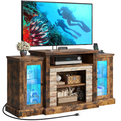 DWVO TV Stand LED Entertainment Center for TVs up to 65 Inch, Farmhouse Console Table Media Furniture with Power Outlet and Glass Doors, Modern TV Cabinet for Living Room, 59 Inch, Retro Brown