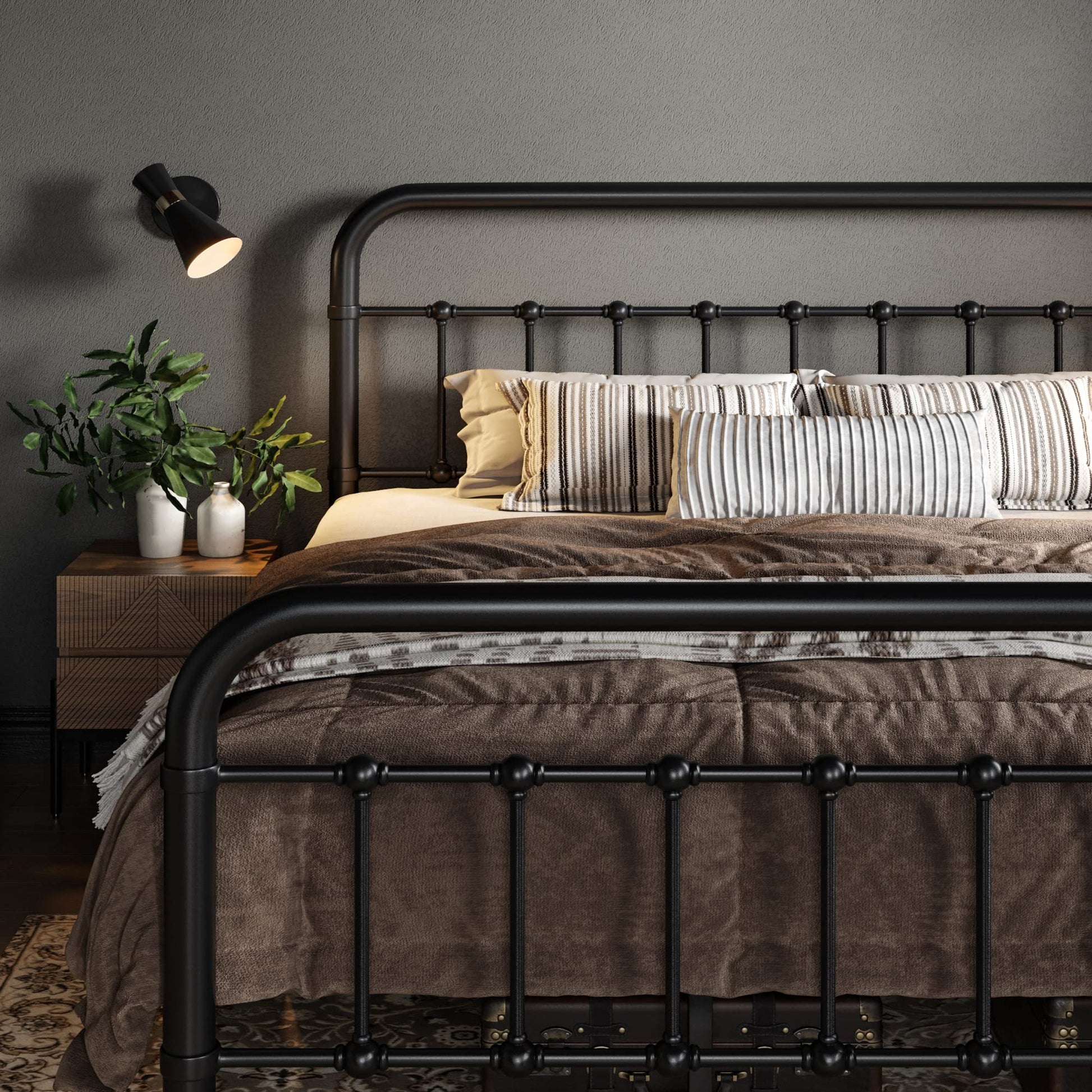 Allewie King Size Victorian Style Metal Platform Bed Frame with Wrought Iron Headboard and Footboard - No Box Spring Needed, Black - WoodArtSupply