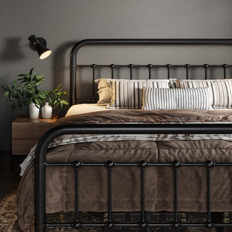 Allewie King Size Victorian Style Metal Platform Bed Frame with Wrought Iron Headboard and Footboard - No Box Spring Needed, Black Allewie