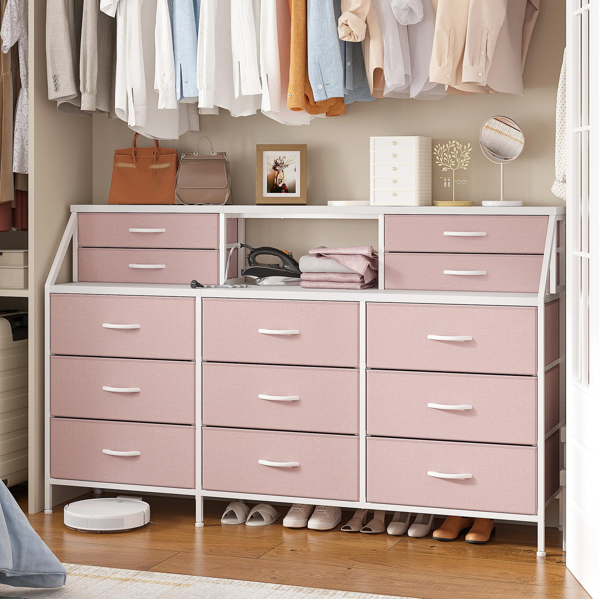 EnHomee 55”W Dresser for Bedroom, Pink Dresser for Bedroom, Dresser with 13 Large Drawer, Dressers & Chests of Drawers, Bedroom Dresser with 2 Shelves, Long Dresser for Closet EnHomee