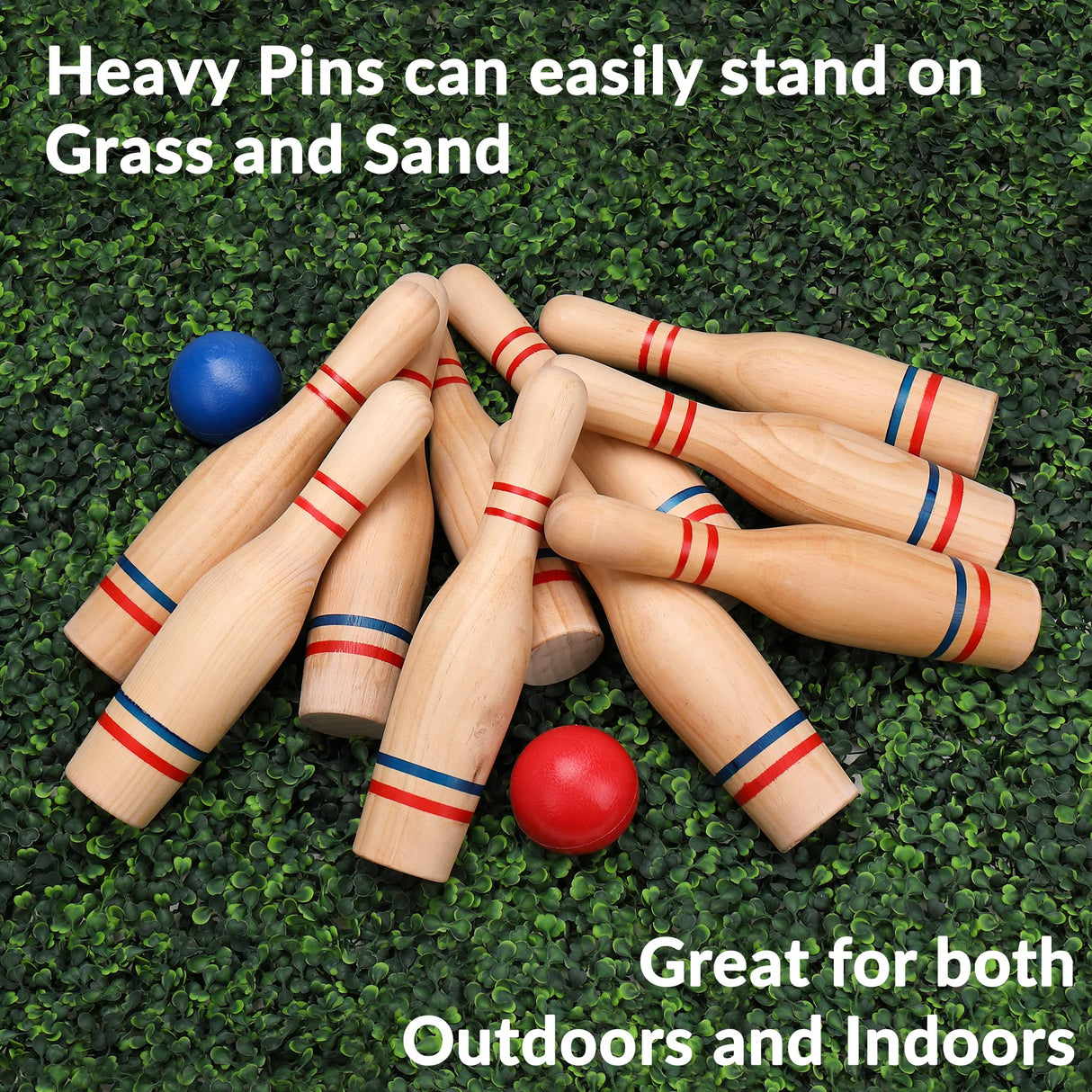 STERLING Sports Premium Wooden Lawn Bowling Skittles Set 11" Pins with Carrying Mesh Bag - 10 Heavy Solid Wooden Pins and 2 Balls - for Indoors and Outdoors STERLING