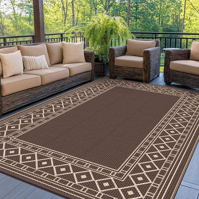 GENIMO Outdoor Rug Waterproof for Patio Decor, 6'x9' Foldable Reversible Plastic Straw Carpet for Travel Trailers, Outside Area Mat for Rv, Deck, Picnic, Porch, Camper, Balcony, Beach, Coffee & Beige