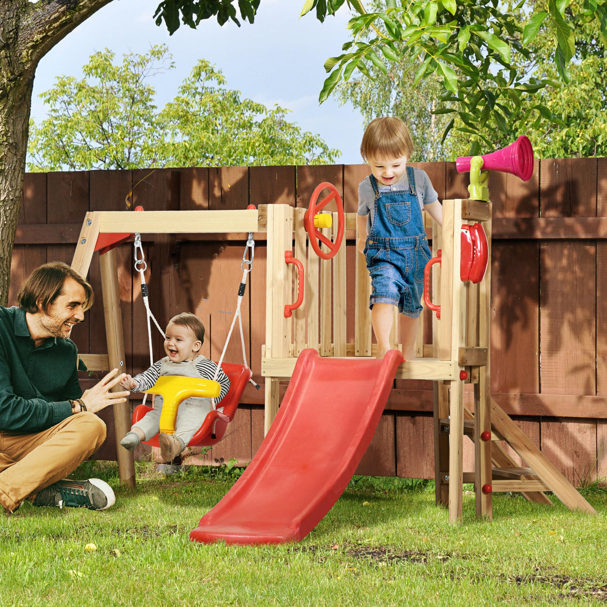 Outsunny 4-in-1 Wooden Swing Set, Kids Outdoor Playset with Swing, Slide, Horn, Steering Wheel, Toddler Playground Set for 18-48 Months, Kids Outdoor Play Equipment, Red Outsunny