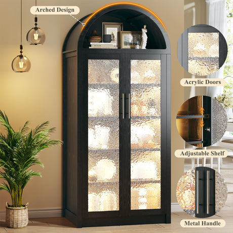 HUAHUU Arched Display Cabinet with Glass Doors, 6-Tier Curio Cabinet with 3 Color Lights for Collectibles, 71" Tall Glass Display Case with Adjustable Shelves, Storage Cabinet for Living Room, Black HUAHUU