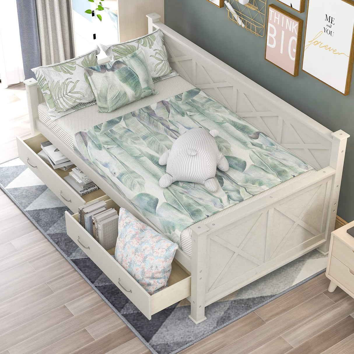 Twin Size Farmhouse Wood Daybed with 2 Storage Drawers, X-Shaped Sturdy Modern and Rustic Casual Style Corner Bed Day Bed Frame with Drawers for Bedroom, No Box Spring Required (Cream White+Twin) THINK 30