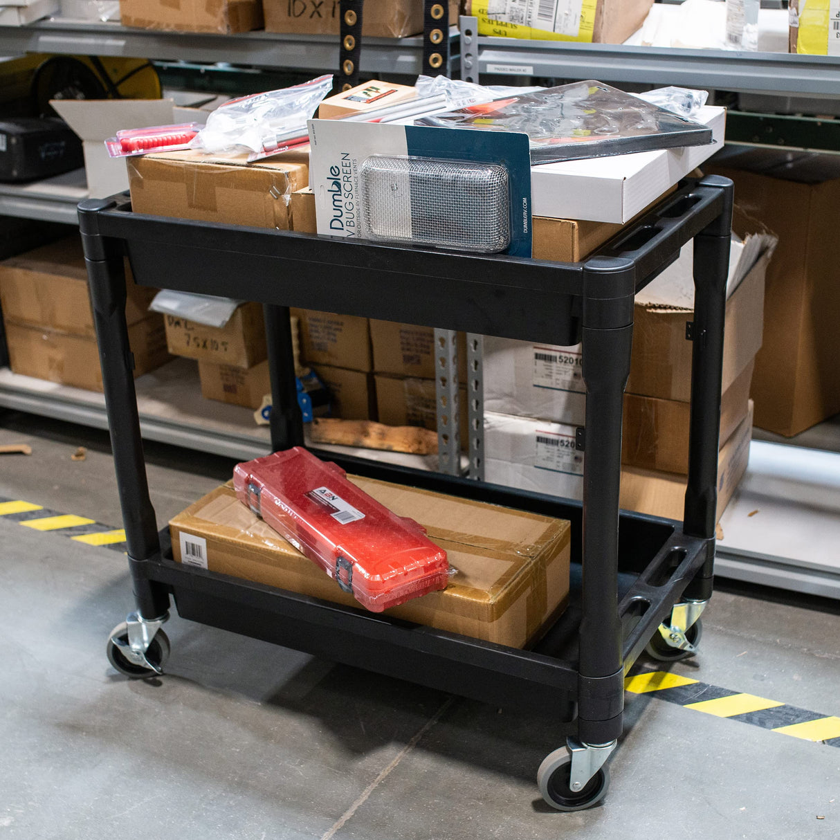 BISupply Plastic Utility Cart on Wheels 1 Pack - 2 Shelf Rolling Commercial Work Cart for Garage, Restaurant, or Classroom BISupply