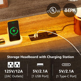 CSZZD King Size Upholstered Bed Frame with Storage Headboard, LED Lights, and Charging Station in Oak Gray CSZZD