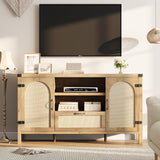 Senfot 47.2" Rattan Sideboard Buffet Cabinet with Storage, Farmhouse Kitchen Buffet Cabinet with Drawer, Boho Wooden Coffee Bar Cabinets with Open Shelves, for Dining Room, Living Room, Natural Senfot