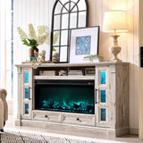 OKD TV Stand with Fireplace for up-to-80 TV, Farmhouse 72" Entertainment Center with 42" Electric Fireplace, TV Console with Glass Door Cabinets & Drawers for Living Room, Antique Brush White OKD