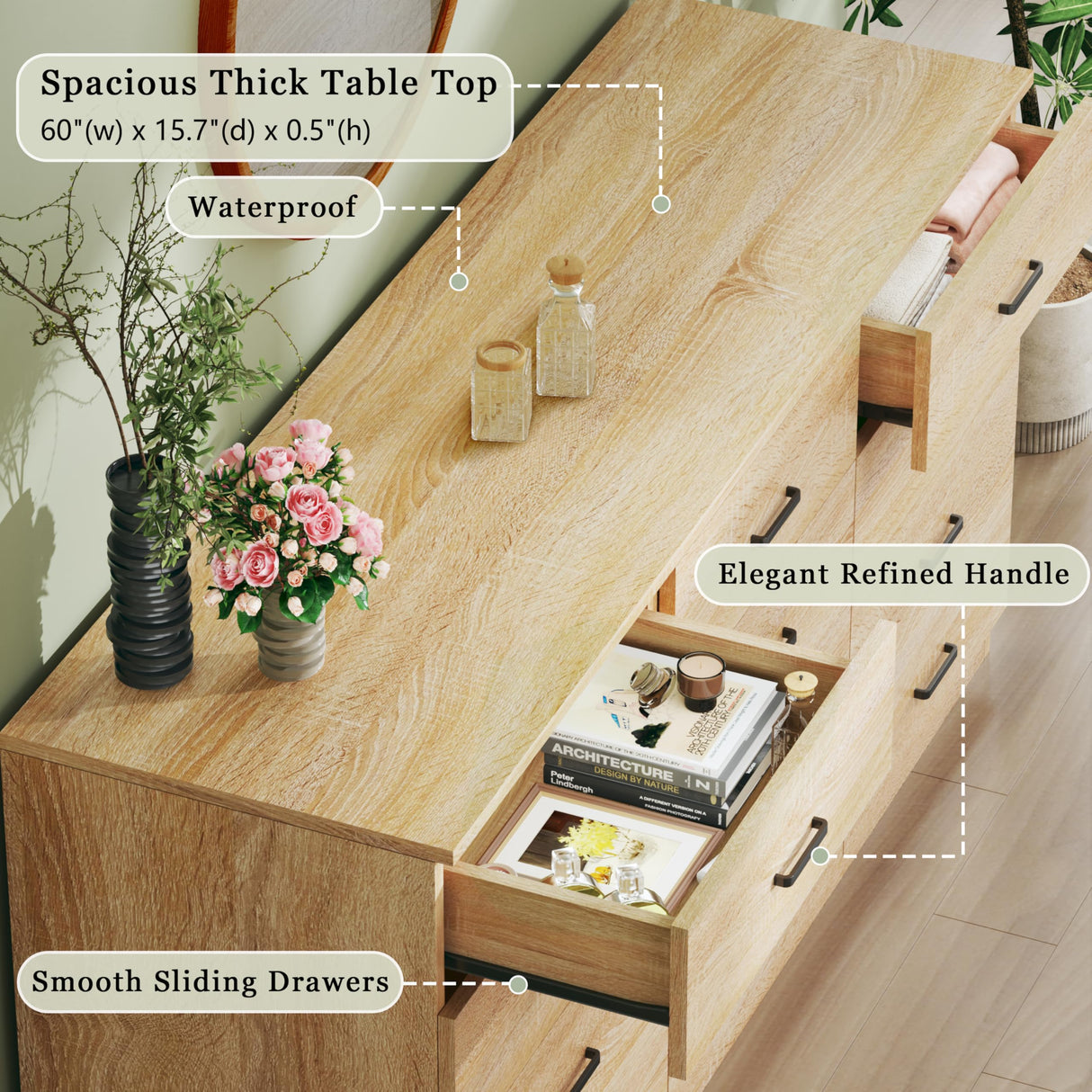 HUAHUU Dresser for Bedroom with 12 Drawers, 60'' Wide Mid Century Modern Dressers, Natural Wood Grain, Chests of Drawers TV Stand, Large Storage Organizer, Closet, Entryway, Natural HUAHUU