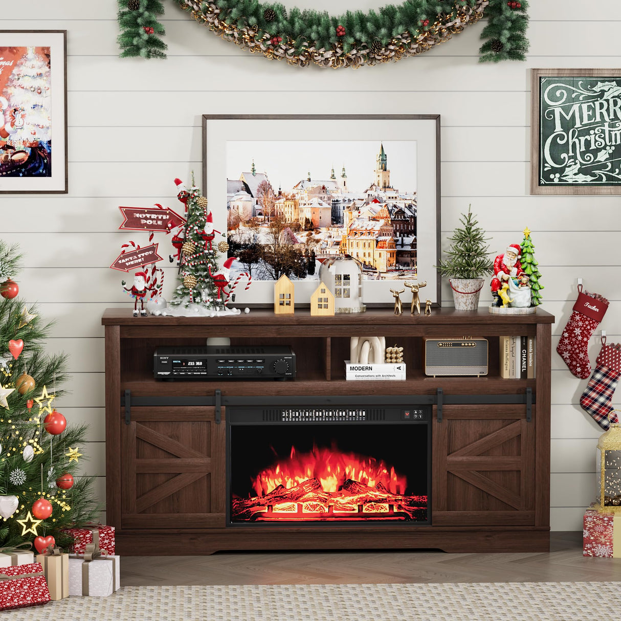 Furniwell Electric Fireplace TV Stand for TVs up to 65", Media Entertainment Center with 26” Fireplace, Farmhouse Console with Sliding Barn Door and Adjustable Storage Shelves for Living Room (Brown) Furniwell