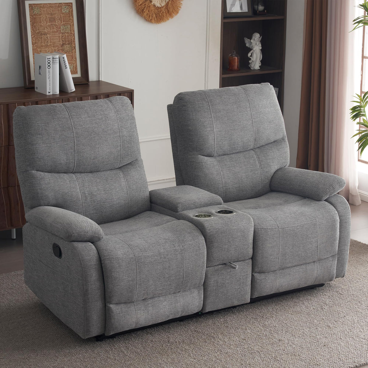 GUEAPY Manual Reclining Loveseat Sofa, Double Recline Love seat with Heat & Massage, Cup Holders & Storage Pocket, Comfortable Reclining Loveseat for Home Theater, Living Room, RV Recliner Grey GUEAPY