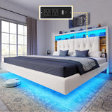 DWVO King Size Floating Bed Frame with RGB LED Lights, Bookcase Storage Headboard Beds with Charging Station, Upholstered Platform with Heavy Duty Wood Slat, No Box Spring Needed, Beige DWVO