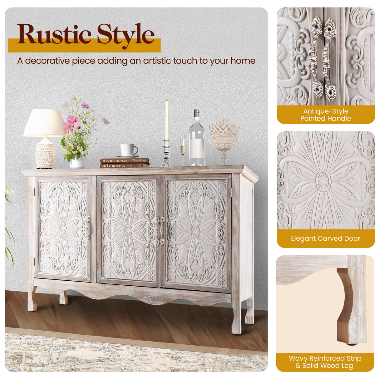 FansaFurn Accent Storage Cabinet with 3 Carved Doors and Shelves, Farmhouse Sideboard Buffet Sideboard with Storage, Wood Kitchen Cabinet for Living Room, Entryway, Dining Room and Kitchen, Wash Grey FansaFurn