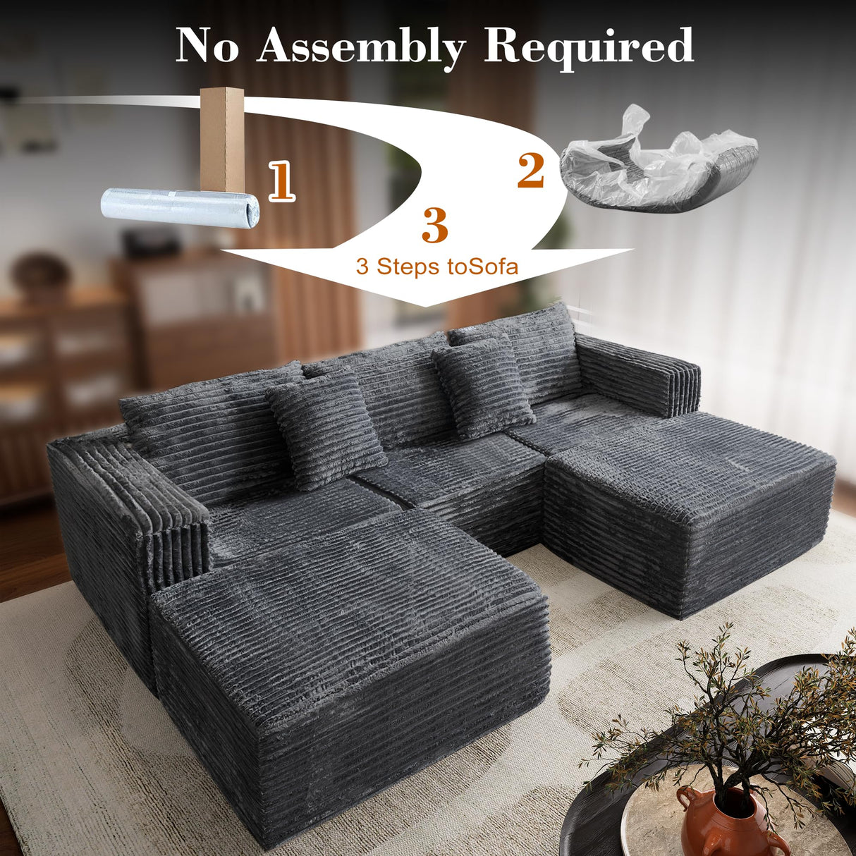 110 Corduroy Modular Sectional Boneless Sofa with 2 Ottomans, Convertible Cloud Couch with Deep Seats, Fluffy Memory Foam U Shaped Couch for Living Room, No Assembly Required, Black (Gray) Garaneeds