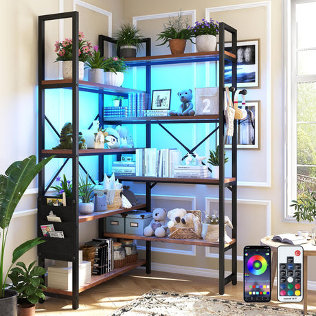 8-Tier LED Corner Bookshelves with Adjustable Metal Frame & Multifunctional Storage Solution chartustriable