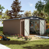 Aoxun 10 x 12FT Outdoor Storage Shed with Double Hinged Large Door Utility Garden Shed with Lockable Door & Sloped Roof Metal Sheds Outdoor Storage for Garden, Backyard, Patio and Backyard, Brown Aoxun