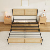 GarveeHome Boho Full Size Bed Frame with Natural Rattan Headboard and Footboard, Wooden Full Platform Bed No Box Spring Needed, 14 inch Noise-Free Easy Assemble Metal Bedframe GarveeHome