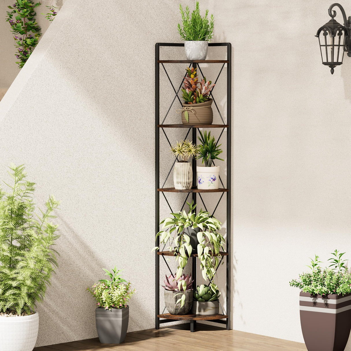 Cerlyunzan 5 Tier Corner Shelf Stand, 64" H Tall Industrial Corner Bookshelf for Living Room Decor, Metal Corner Shelf, Plant Stand Display Shelf for Bedroom, Bathroom, Small Space, Rustic Brown Cerlyunzan