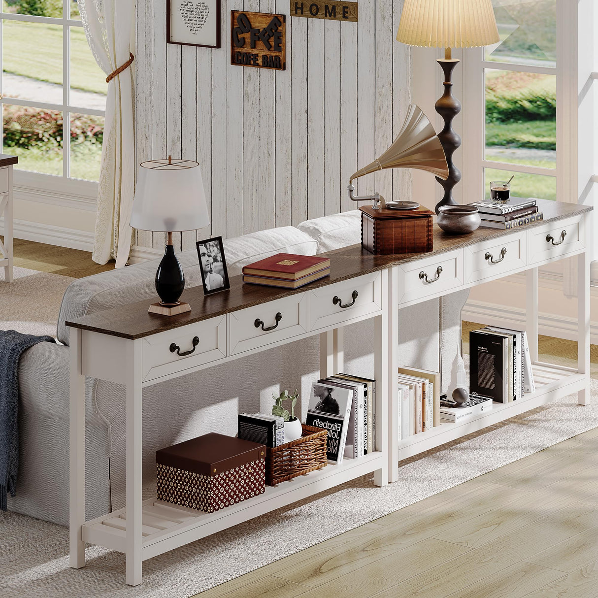 ChooChoo Farmhouse Console Table with 3 Drawers, Rustic Entryway Table, Narrow Long Sofa Table for Living Room, Hallway, Behind Couch, Soft White and Brown ChooChoo