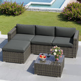 5 Pieces Outdoor Patio Furniture Set, Patio Sectional Furniture Set, All-Weather Wicker Rattan Patio Conversation Set with Washable Thick Cushions and Coffee Table, Outdoor Patio Sofa Couch Set, Grey May in Color