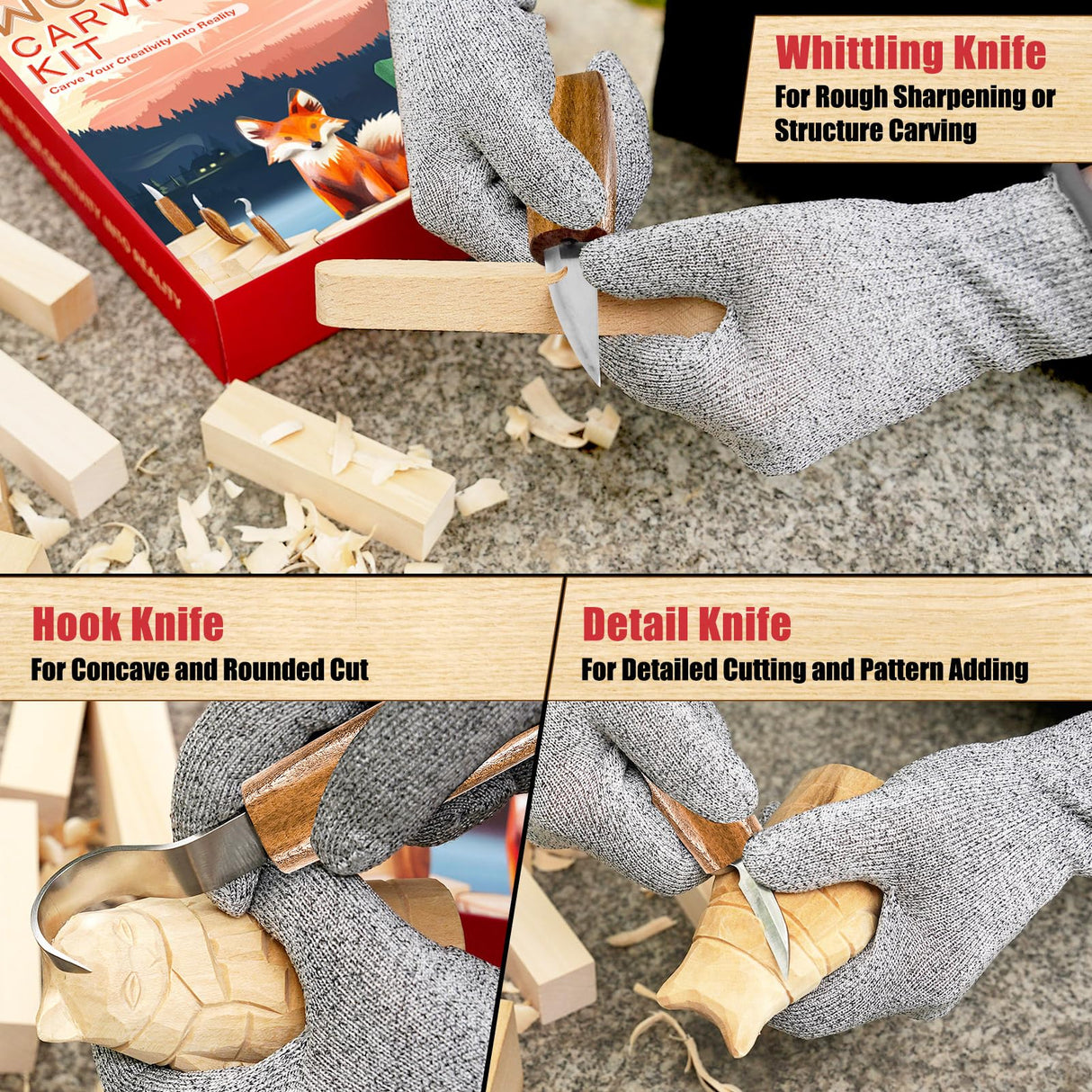 Wood Carving Kit, Whittling Kit for Beginners 17PCS Wood Carving Tools with 3PCS Whittling Knife 9PCS Basswood Blocks & Gloves & Strop Block & Polishing Compound Wood Carving Set Hobbies for Adults K KERNOWO