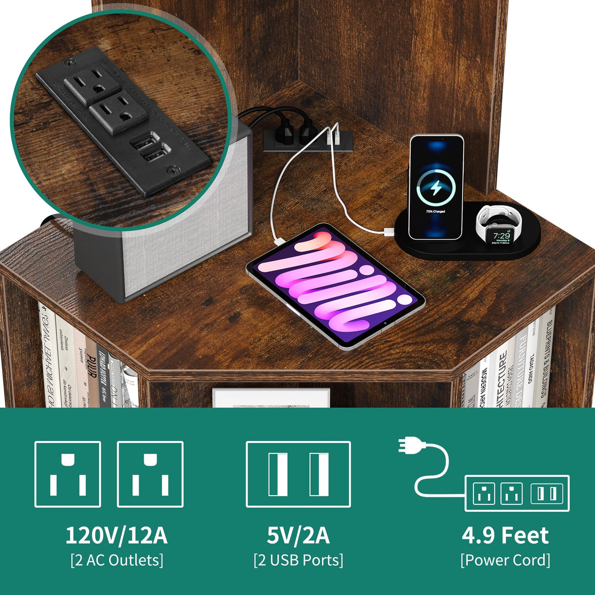 YITAHOME Industrial Corner Shelf with USB Charging Ports and Outlets YITAHOME