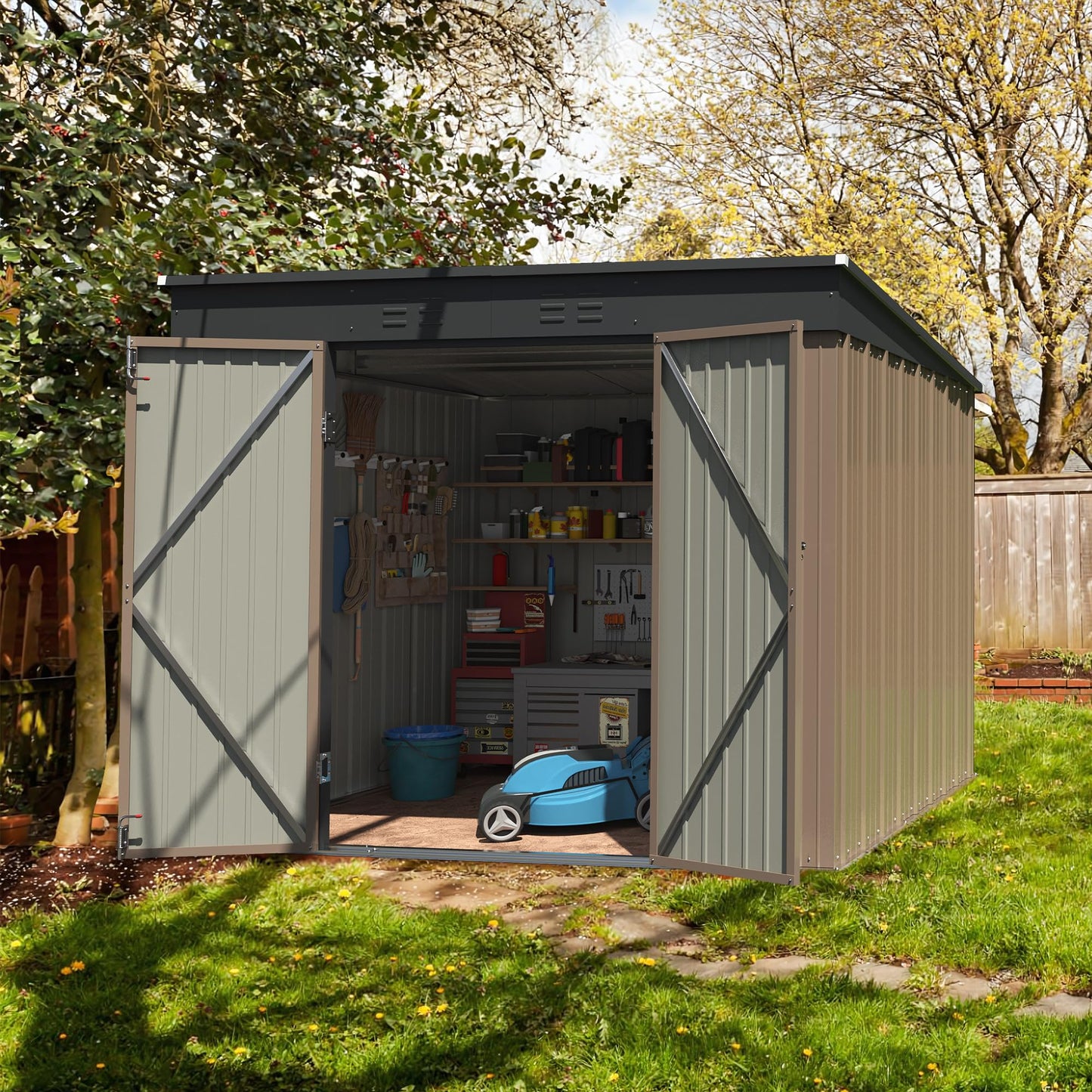 Greesum Outdoor Storage Shed 8FT x 6FT, Steel Utility Tool Shed Storage House with Door & Lock, Metal Sheds Outdoor Storage for Backyard Garden Patio Lawn, Brown