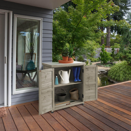 Casafield Outdoor Garden Potting Bench with Metal Tabletop and Storage Cabinet - Wooden Outdoor Garden Patio Workstation Table, Gray Casafield