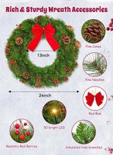 Brightown 24 Inch Pre-Lit Christmas Wreaths for Front Door, IP44 Battery Operated 50 LED Christmas Wreath, Decor with Pinecones Pine Needles Branches Red Berry Mini Bow for Front Door Wall Window Brightown