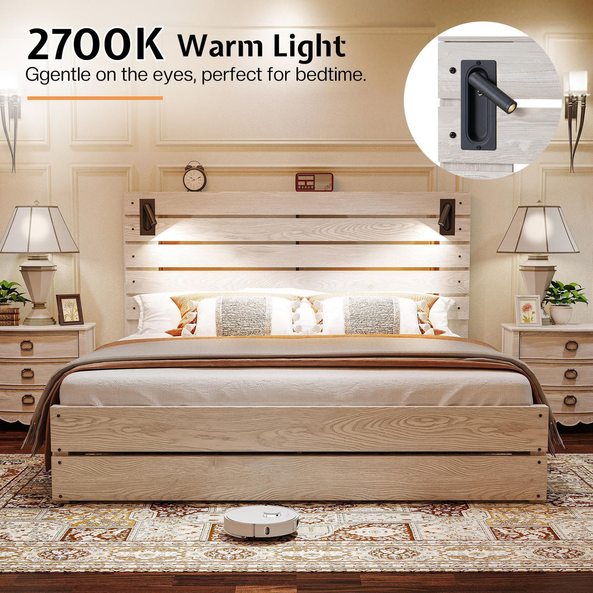 Jocisland Full Size Farmhouse Bed Frame, 51" Headboard with LED Reading Lights, Rustic Wood Look, No Box Spring Needed, Ash White Jocisland