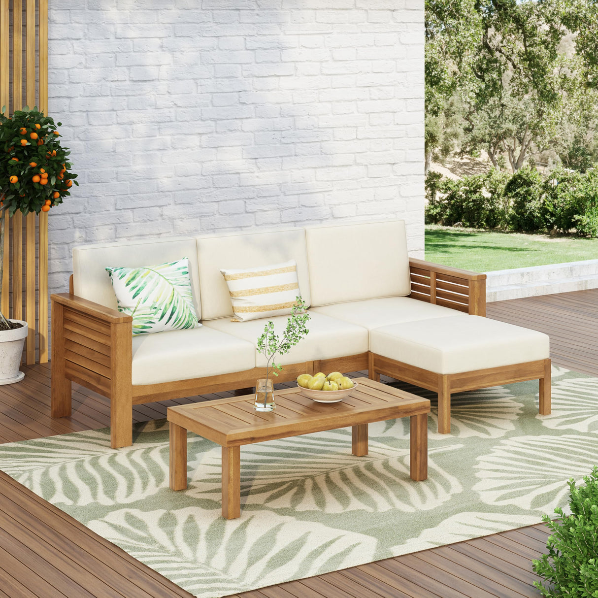 Merax 3 Piece Acacia Wood Patio Furniture Set, Outdoor Sectional Sofa Set with Coffee Table, 4 Seats Sofa Deep Seating with Soft Cushions for Garden, Backyard, Teak & Cream Merax